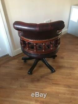 Chesterfield Deep Red Leather Captain's Chair Dark Wood Swivel Seat Office