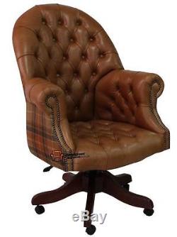 Chesterfield Directors Swivel Office Chair Old English Tan Leather+Caramel Wool
