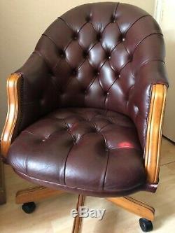 Chesterfield Executive Leather Captain's Swivel Office Desk Chair Wood Ox Blood