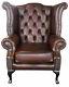 Chesterfield London Antique Brown Genuine 100% Leather Queen Anne Wing Chair