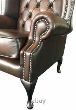 Chesterfield London Antique Brown Genuine 100% Leather Queen Anne Wing Chair