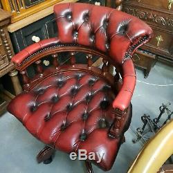 Chesterfield Oxblood Red Leather Home Office Captains Swivel Chair