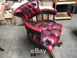 Chesterfield Style Captains Swivel Chair Red Leather Office Study
