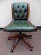 Chesterfield Style Green Leather Mahogany Desk Chair, Office Chair, Adjustable
