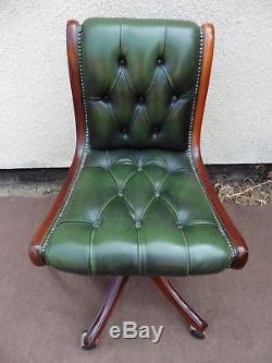 Chesterfield Style Green Leather Mahogany Desk Chair, Office Chair, Adjustable