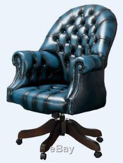 Chesterfield Vintage Directors Swivel Office Chair Antique Autumn Blue Leather