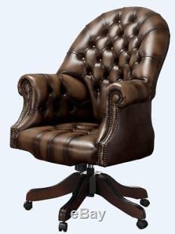 Chesterfield Vintage Directors Swivel Office Chair Antique Brown Leather