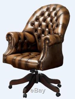Chesterfield Vintage Directors Swivel Office Chair Antique Tan Leather