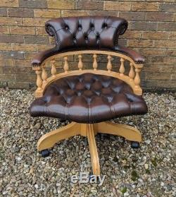 Chesterfield brown leather vintage antique captains chair office home stylish