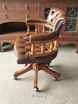 Chestnut Brown Chesterfield Leather Captains Swivel Tilt Desk Office Chair
