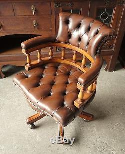 Chestnut Brown Chesterfield Leather Captains Swivel Tilt Desk Office Chair