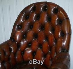 Circa 1920 Art Deco Chesterfield Barrel Brown Leather Directors Captains Chair
