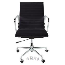 Designer Low Back office chair EA117 style BLACK Ribbed Leather with Chrome