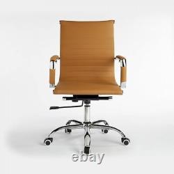 Desk Chair, Tan Faux Leather Adjustable Height, Swivel Home Office Chair