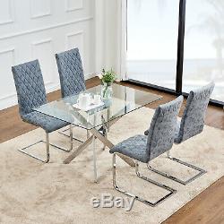 Dining Table and 2/4 Chairs Rectangle Glass Faux Leather Modern Furniture Office