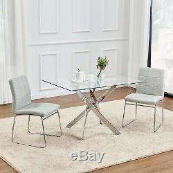 Dining Table and 2/4 Chairs Rectangle Glass Faux Leather Modern Furniture Office