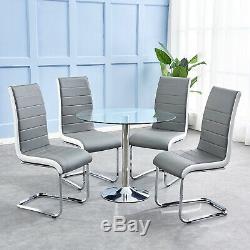 Dining Table and 2/4 Chairs Round Glass Faux Leather Modern Furniture Set Office