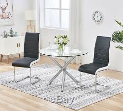 Dining Table and 2/4 Chairs Round Glass Faux Leather Modern Furniture Set Office