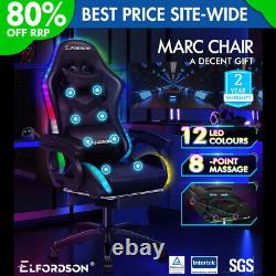 ELFORDSON Gaming Office Chair 12 RGB LED Massage Computer Seat Footrest Black