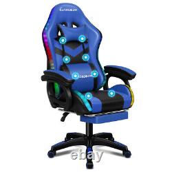 ELFORDSON Gaming Office Chair 12 RGB LED Massage Computer Seat Footrest Blue