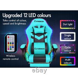 ELFORDSON Gaming Office Chair 12 RGB LED Massage Computer Seat Footrest Cyan