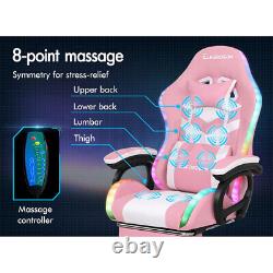 ELFORDSON Gaming Office Chair 12 RGB LED Massage Computer Seat Footrest Pink
