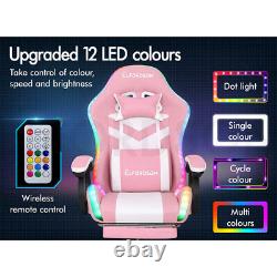 ELFORDSON Gaming Office Chair 12 RGB LED Massage Computer Seat Footrest Pink