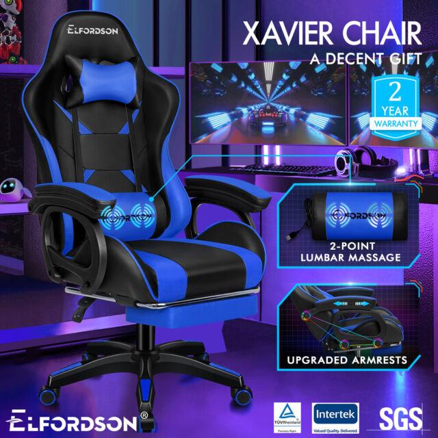 Elfordson Gaming Office Chair Massage Racing Computer Seat Footrest Leather Blue