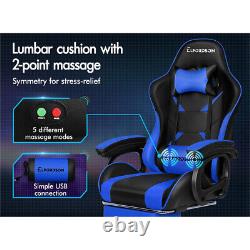 ELFORDSON Gaming Office Chair Massage Racing Computer Seat Footrest Leather Blue