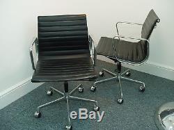 Eames Aluminium Group Side Chair With Arms, Black Leather, Original By ICF