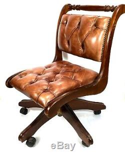 Edwardian Mahogany Framed Leather Revolving Desk Chair / Antique Office Seat