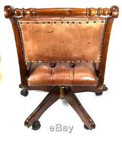 Edwardian Mahogany Framed Leather Revolving Desk Chair / Antique Office Seat