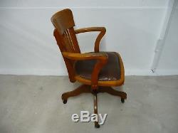 Edwardian Oak & Brown Leather Revolving Hillcrest Office Desk Chair circa 1910