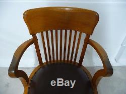 Edwardian Oak & Brown Leather Revolving Hillcrest Office Desk Chair circa 1910
