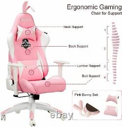 Ergonomic Gaming Chair Cute Pink Style Office PU Leather Racing Rabbit Ears Seat