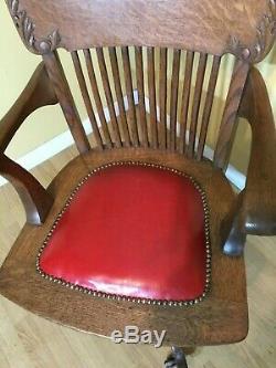 Excellent golden oak victorian tilt & swivel office chair with red leather seat