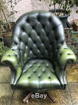 Fine Antique Style Large Leather Green Swivel Office Armchair We Deliver