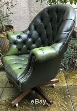 Fine Antique Style Large Leather Green Swivel Office Armchair We Deliver