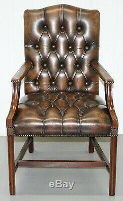 Four Chesterfield Brown Leather Gainsborough Captains Office Dining Armchairs
