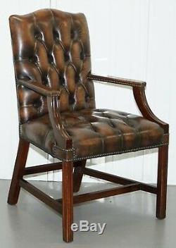 Four Chesterfield Brown Leather Gainsborough Captains Office Dining Armchairs