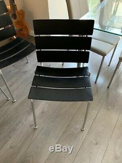 GIANCARLO VEGNI 4 Dining Office Chairs Black Hide Leather Stripe Italian Design