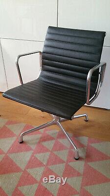 Genuine, Iconic Charles Eames Aluminium EA 107 Non-Swivel Black Leather Chairs