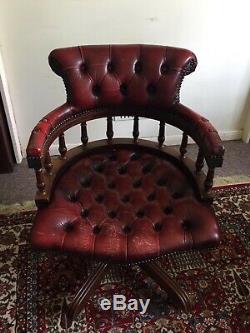Genuine Red Leather Chesterfield Captains Swivel Office Chair