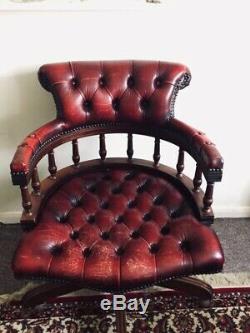 Genuine Red Leather Chesterfield Captains Swivel Office Chair