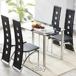 Glass & Chrome Dining Table and 4 Faux Leather Dining Chairs Kitchen Office Home