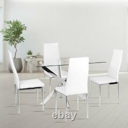 Glass Cross Chrome Legs Dining Table& 2/4/6Chairs Set PVC Leather Kitchen Office
