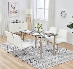 Glass Table and 4 chairs Dining Table Set Faux Leather Seat Chrome Legs Office