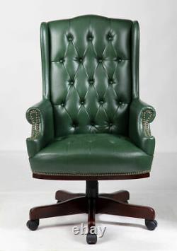 Green Captains Leather Desk Office Chair Chesterfield High Back Managers