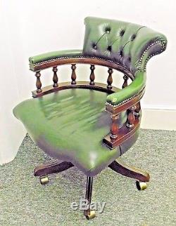 Green Leather Button Chesterfield Style Captains Swivel Desk Office Chair Used
