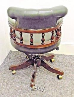 Green Leather Button Chesterfield Style Captains Swivel Desk Office Chair Used